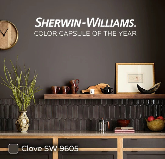 Sherwin-Williams. Color Capsule of the Year. Trendy Kitchen painted in Clove SW 9605.