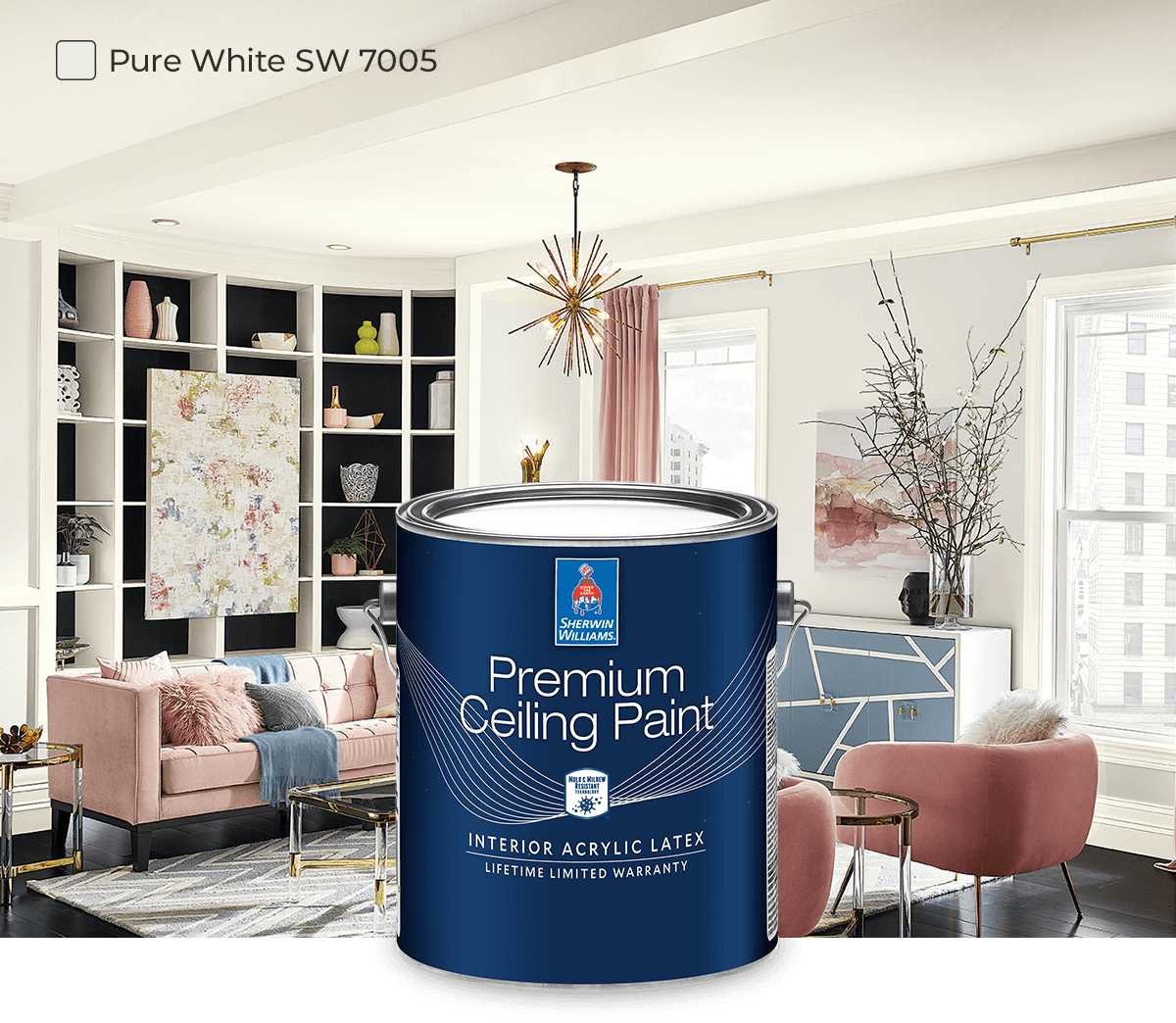 Trendy living room painted in Pure White SW7005.
