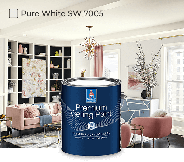 Trendy living room painted in Pure White SW7005.