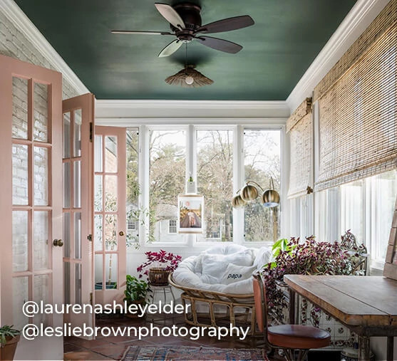 Trendy 3 season room with ceiling painted in Billiard Green. Photo courtesy of @laurenashleyelder and @lesliebrownphotography.