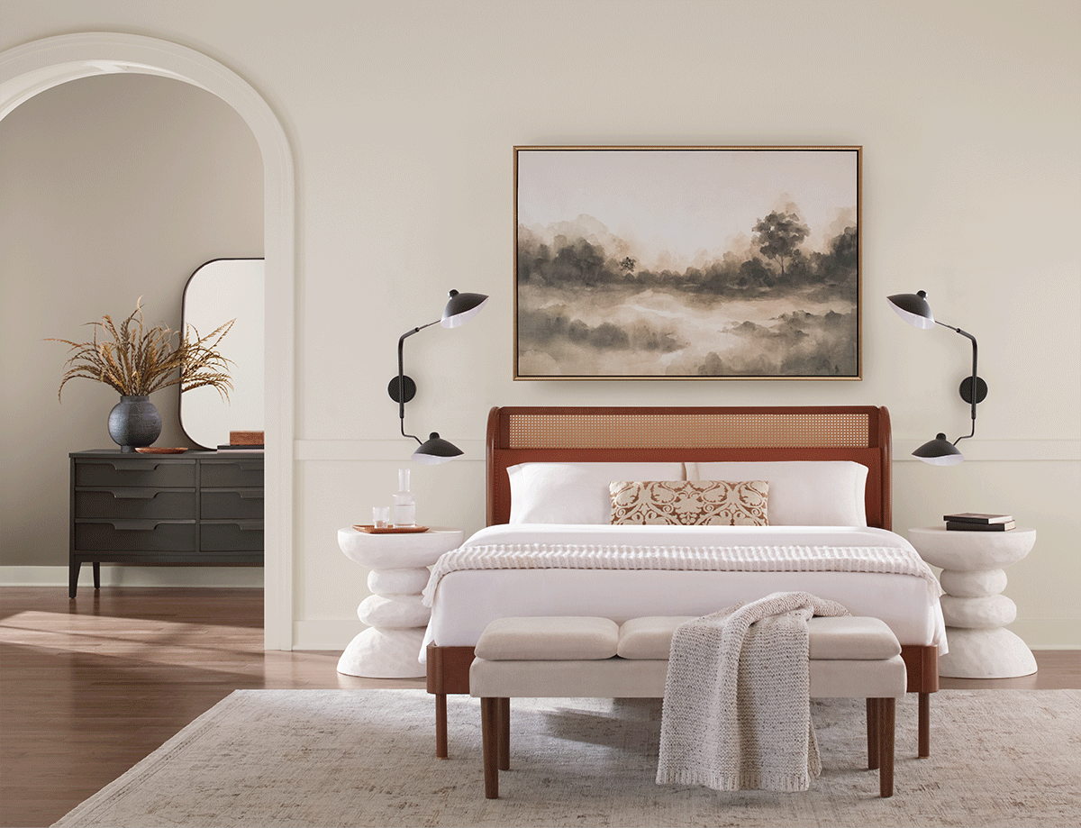 Trendy living room, and bedroom painted in Creamy.