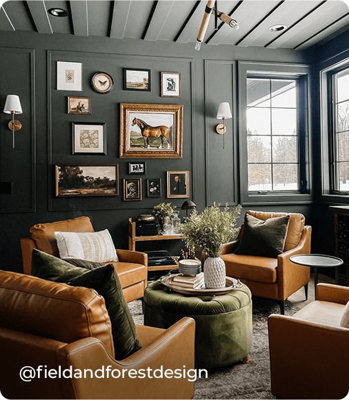 Cozy living room painted in Iron Ore. Photo courtesy of @fieldandforestdesign.