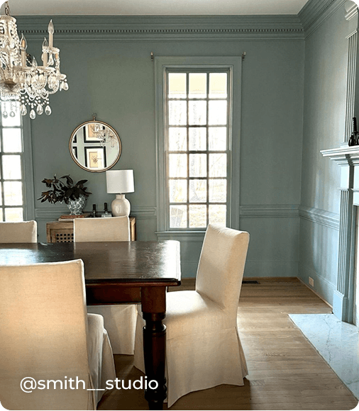 Trendy Dining Room painted in Dutch Tile Blue. Photo courtesy of @smith_studio.