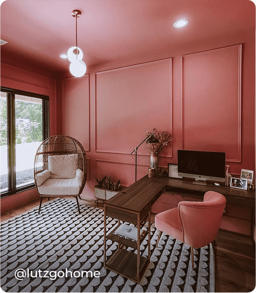 Stylish home office painted in Pressed Flower. Photo courtesy of @lutzgohome.