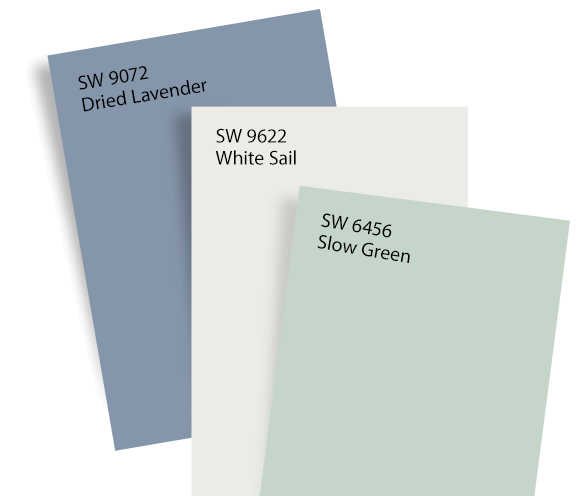 Dried Lavender, White Sail, and Slow Green color swatches.