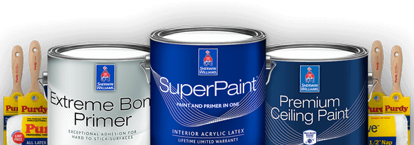 Collection of products. Purdy brushes & rollers, Sherwin-Willliams Extreme Bond Primer can, SuperPaint can & Premium Ceiling Paint can. 