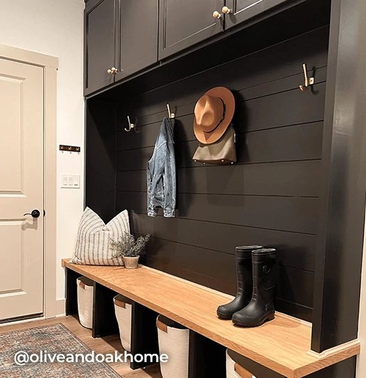 Mud room painted in Black Magic. @oliveandoakhome.