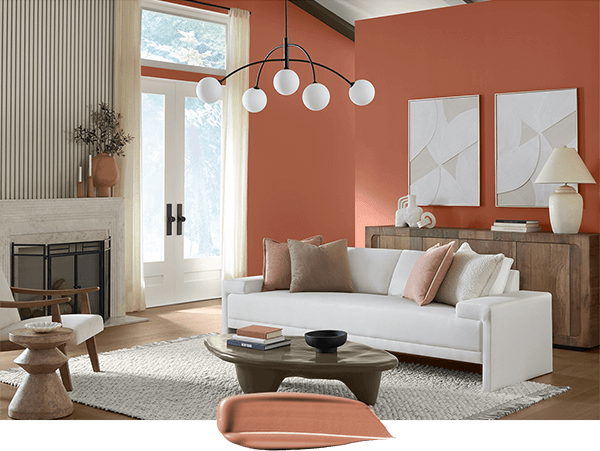 Trendy living room and paint swipe in Caribbean Coral.