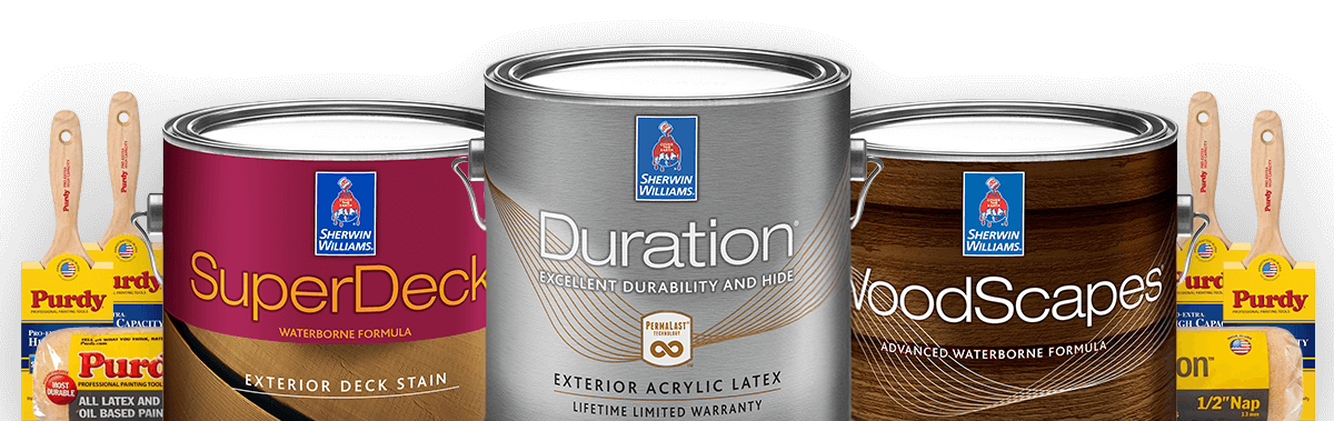 Collection of Purdy rollers & brushes with SuperDeck Stain can, Duration paint can and WoodScapes stain can.