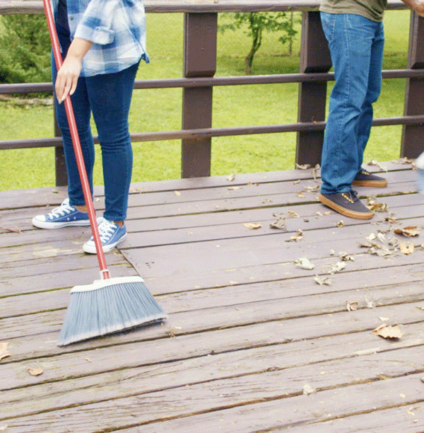 Collection of photos of SuperDeck paint and 2 people cleaning and staining a deck.