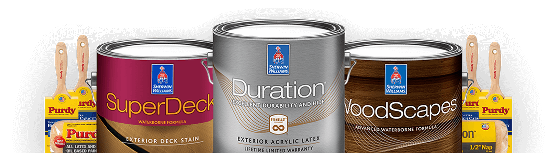 Collection of Purdy rollers & brushes with SuperDeck Stain can, Duration paint can and WoodScapes stain can.