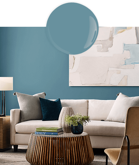 Paint dollop overlapping photo of living room painted in Secret Cove.