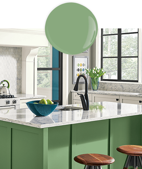 Paint dollop and photo of modern kitchen with cabinets painted in Lounge Green.