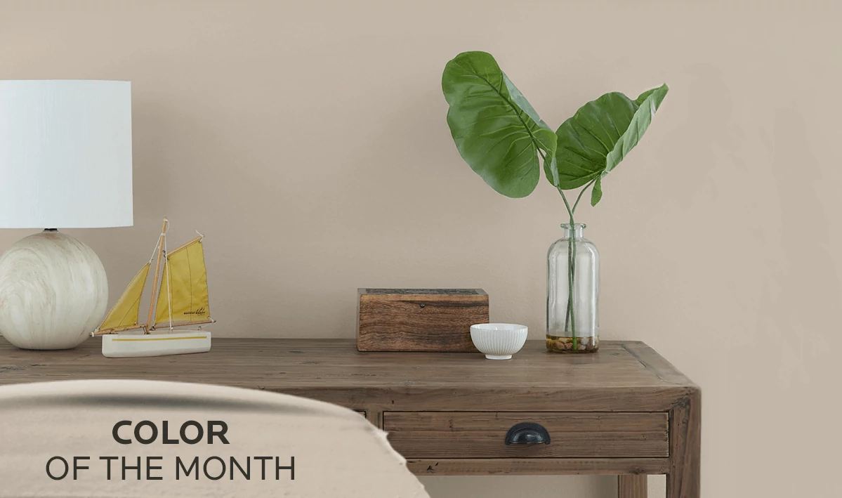 Color of the Month. Console table with lamp and decor against wall painted in Shiitake.