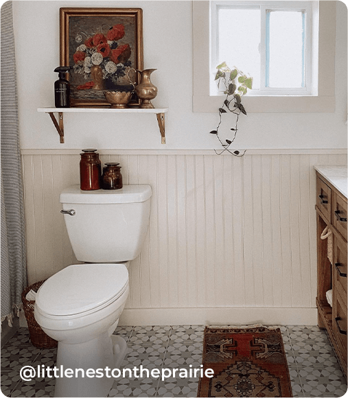 Bathroom with wainscoting painted in Neutral Ground. Photo courtesy of @littlenestontheprairie.