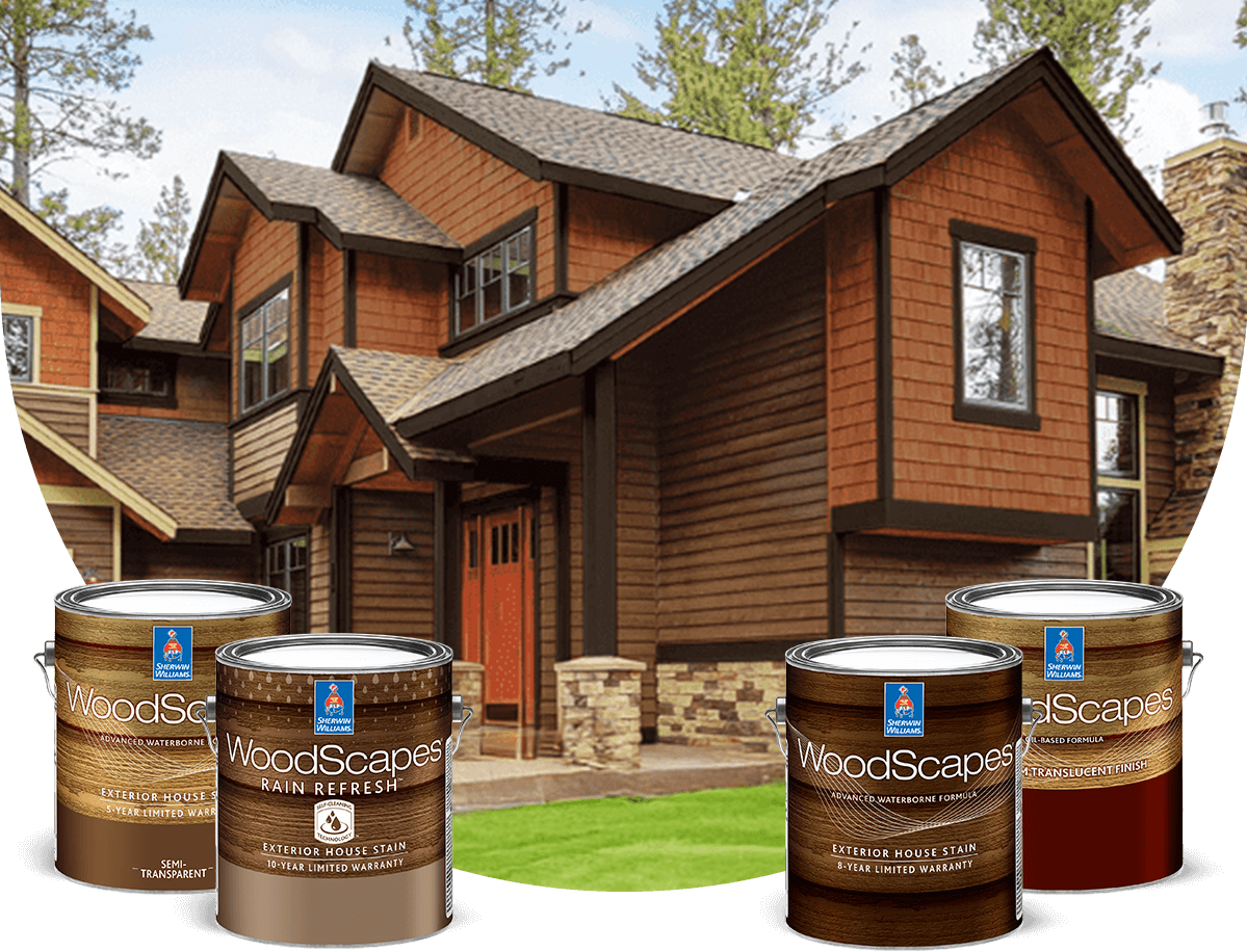 Exterior of cedar sided house. Collection of cans of Woodscapes and Woodscapes Rain Refresh stain.