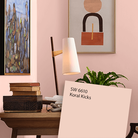 Home office painted in Koral Kicks overlayed with color chip.