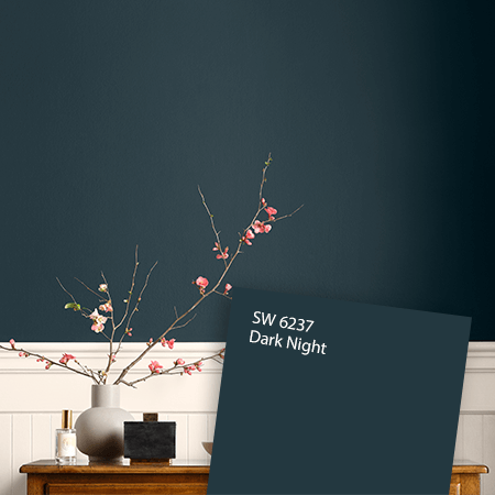 Console table with home decor along wall painted in Dark Night overlayed with color chip.
