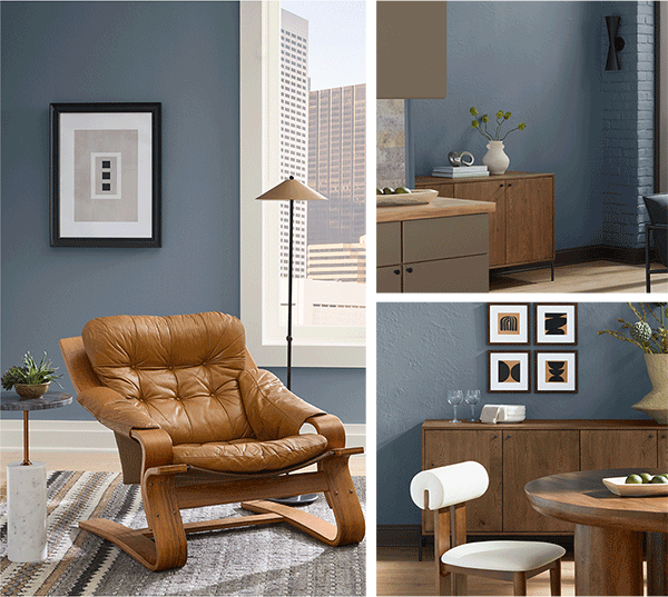 Comfortable. Relaxed. Moody. Rotation of living room and dining room painted in Storm Cloud.