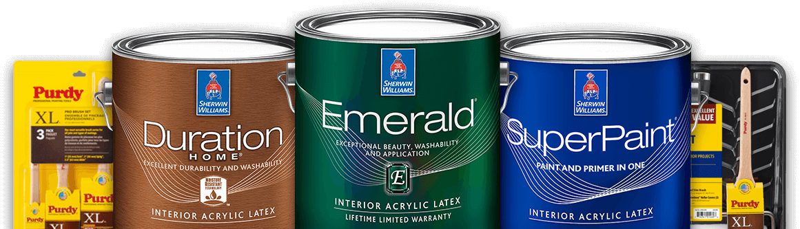 Purdy brushes, paint trays and paint cans of Duration Home, Emerald and SuperPaint.