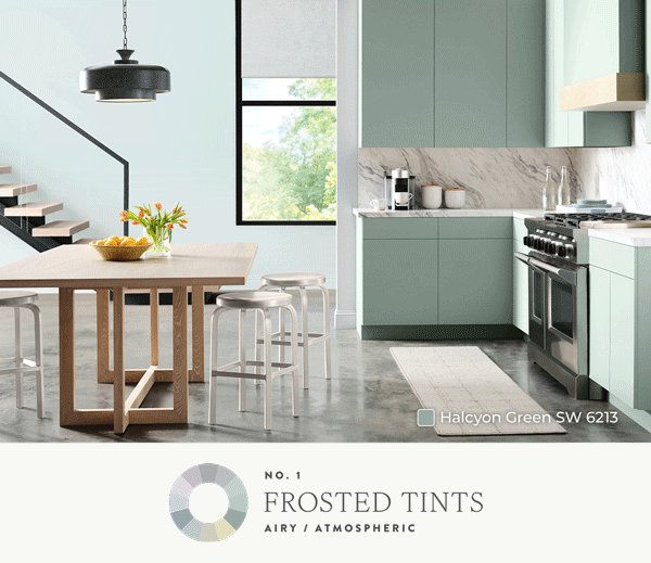 Rotation of a modern kitchen with cabinets painted in Halcyon Green, a trendy living room painted in Sundew, a bedroom painted in Rojo Marron and a living room painted in Pavestone.