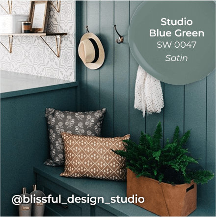 Bench and beadboard, within mud room, painted in Studio Blue Green. @blissful_design_studio.