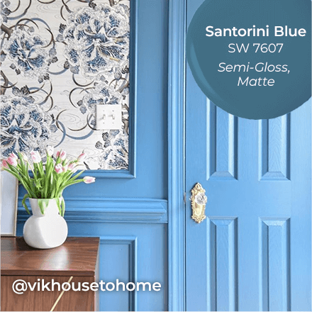 Interior door and decorative walls painted in Santorini Blue. @vikhousetohome.