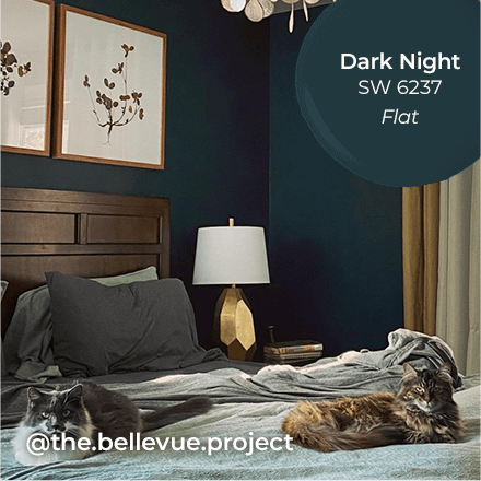 Moody modern bedroom painted in Dark Night. @the.bellevue.project.