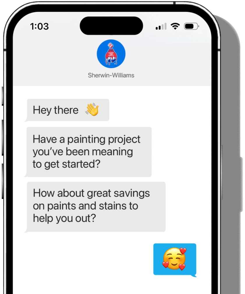 Image of smartphone with Sherwin-Williams SMS on the screen.