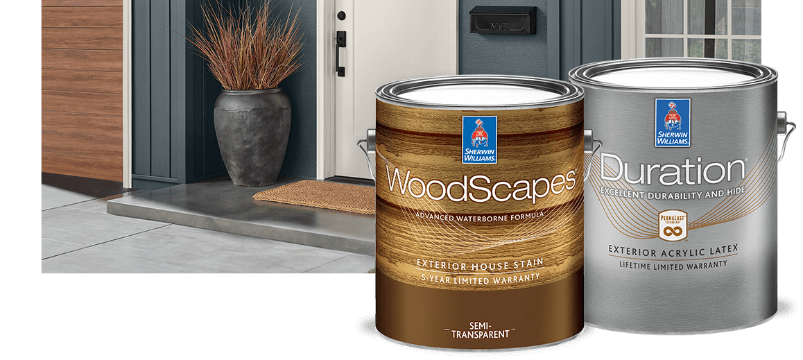WoodScapes stain can and Duration paint can.
