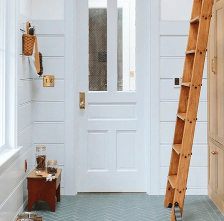 Mudroom with step stool and ladder, painted in Dew Drop.