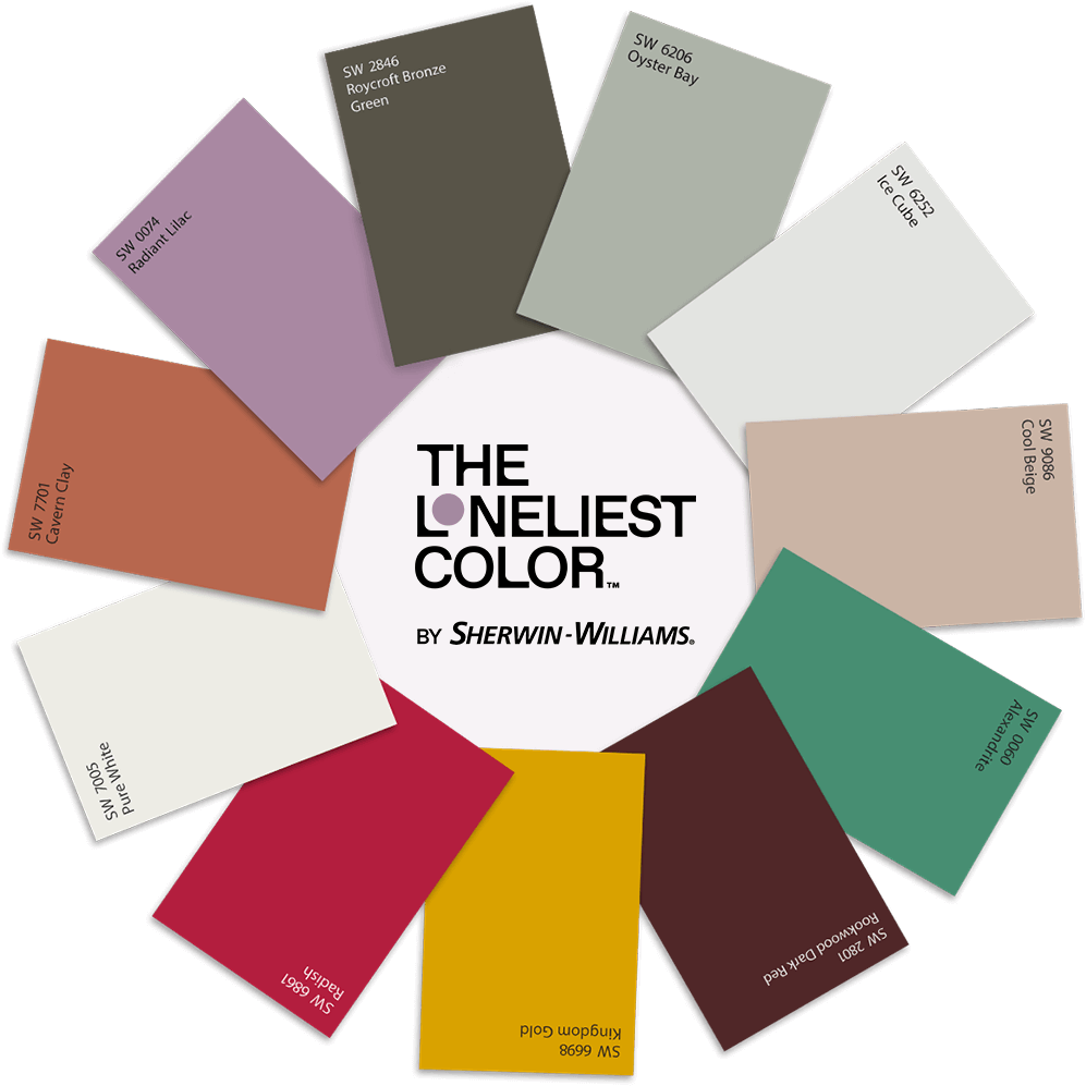 Color chips arranged in a circle around The Loneliest Color by Sherwin-Williams logo.