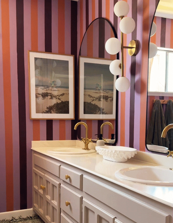 Rotation of bathroom images, in stripe style, being painted using The Loneliest Color palette.