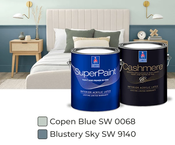 Bedroom, with brass wall sconces flanking bed over bedside tables, painted in Copen Blue and Blustery Sky overlayed with SuperPaint and Cashmere paint cans.