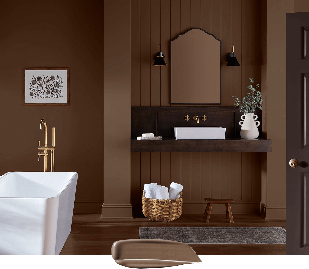 Color swipe overlapping bathroom with dark wood floating counter with white sink and freestanding white tub, painted in Grounded.