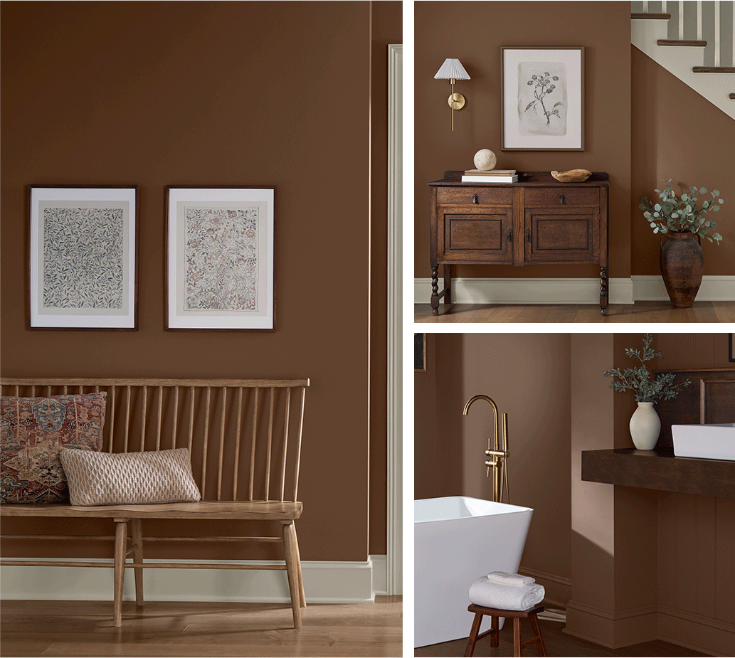 Inviting. Rustic. Cozy. Rotation of rooms painted in Grounded: hall with sideboard cabinet and staircase, bathroom with white clawfoot tub and room with Colonial-style wood bench.