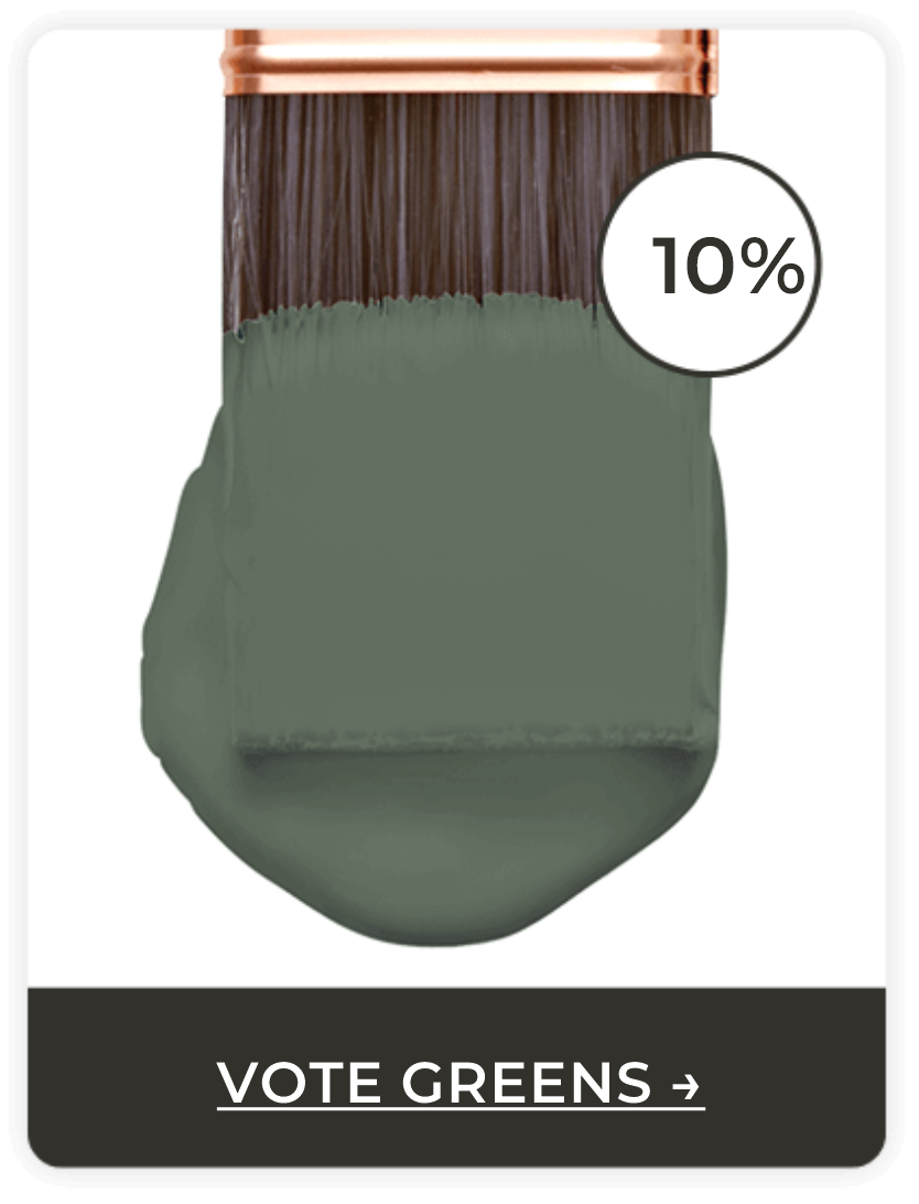 Paintbrush coated in green-toned paint. Vote Greens.