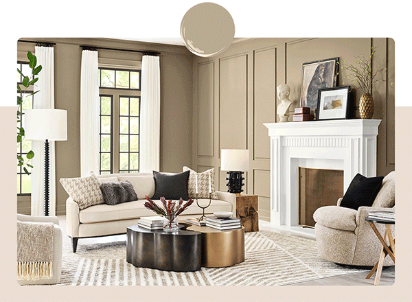 Rotation of living room, kitchen and wall (with sideboard) painted in Universal Khaki.