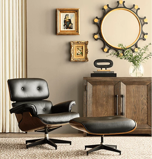 Office chair, foot rest and side board, with decor and frames, in home office painted in Universal Khaki.