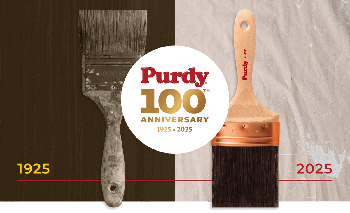 Purdy 100 Annivesary 1925-2025. Old Purdy paintbrush on dark wood background and new Purdy paintbrush on canvas background.