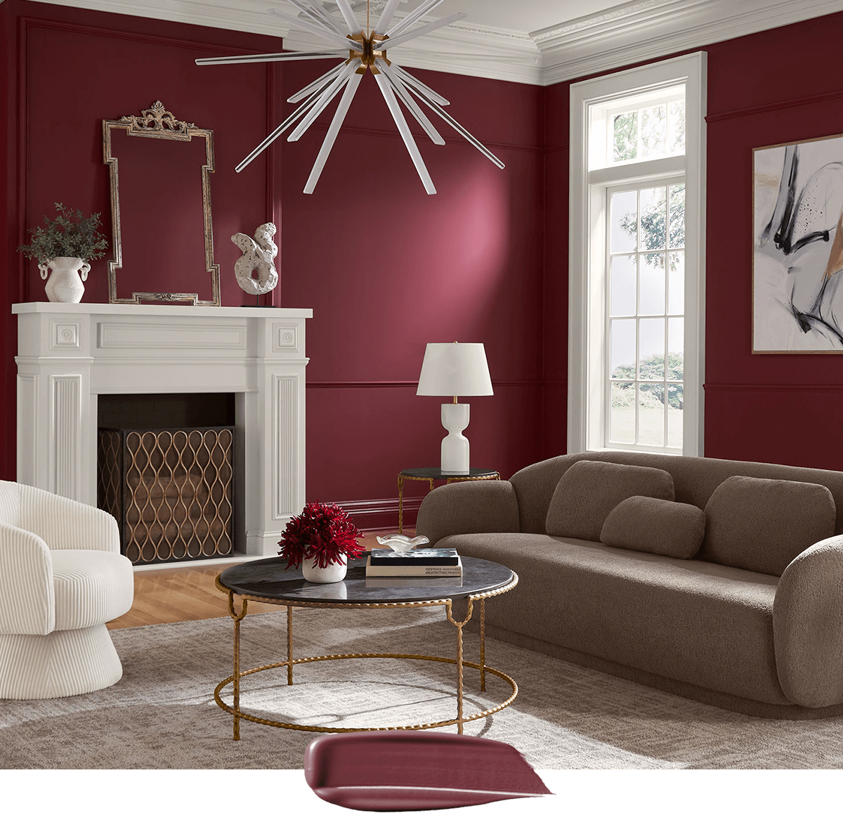 Color swipe overlapping photo of sofa, coffee table and swivel chair with white fireplace in modern living room painted in Borscht.