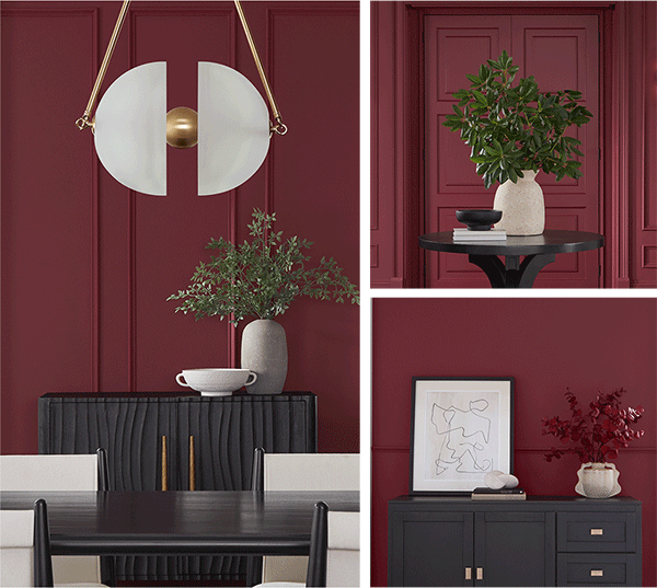 Elegant, Chic and Moody. Collection of modern furniture in Borscht painted rooms.
