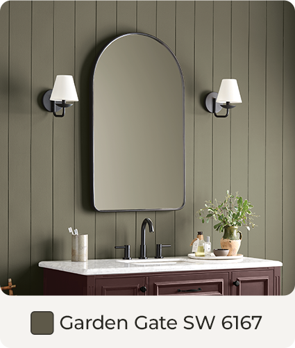 Bathroom vanity cabinet, with mirror and wall sconces, in Garden Gate painted bathrooom. Color Swatch. Garden Gate SW 6167.