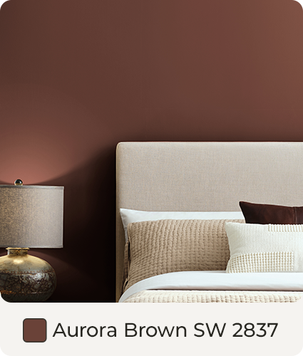 Aurora Brown painted bedroom with white bed, 4 pillows and lamp. Color Swatch. Aurora Brown SW 2837.