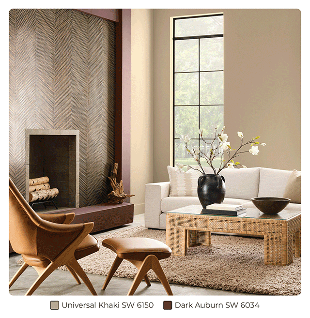 Collection of elegant living rooms painted in Universal Khaki with accents in Dark Auburn, Tarragon and White Snow.