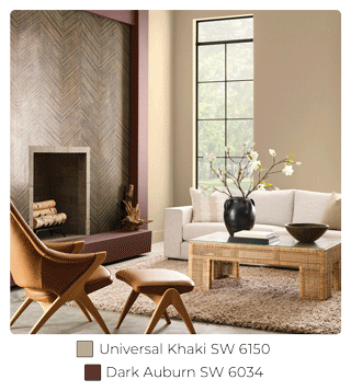 Collection of elegant living rooms painted in Universal Khaki with accents in Dark Auburn, Tarragon and White Snow.