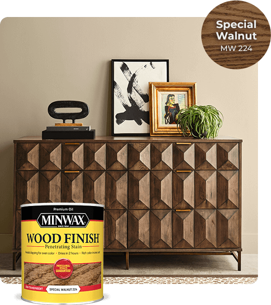 Special Walnut MW 224. Home decor on mid-century modern side board, stained in Special Walnut.