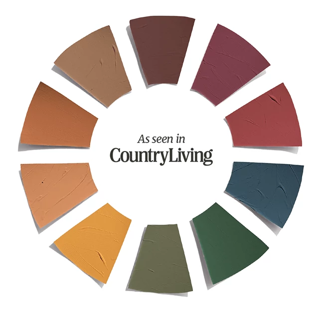 Color wheel of paint swatches with As seen in CountryLiving in the center.