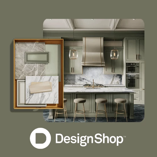 Designshop. Samples of finishes with box overlaying photo of an elegant kitchen painted in green tones and marble.