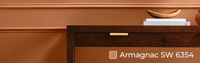 Console table with planter and home decor in front of wall painted in Armagnac SW 6354.